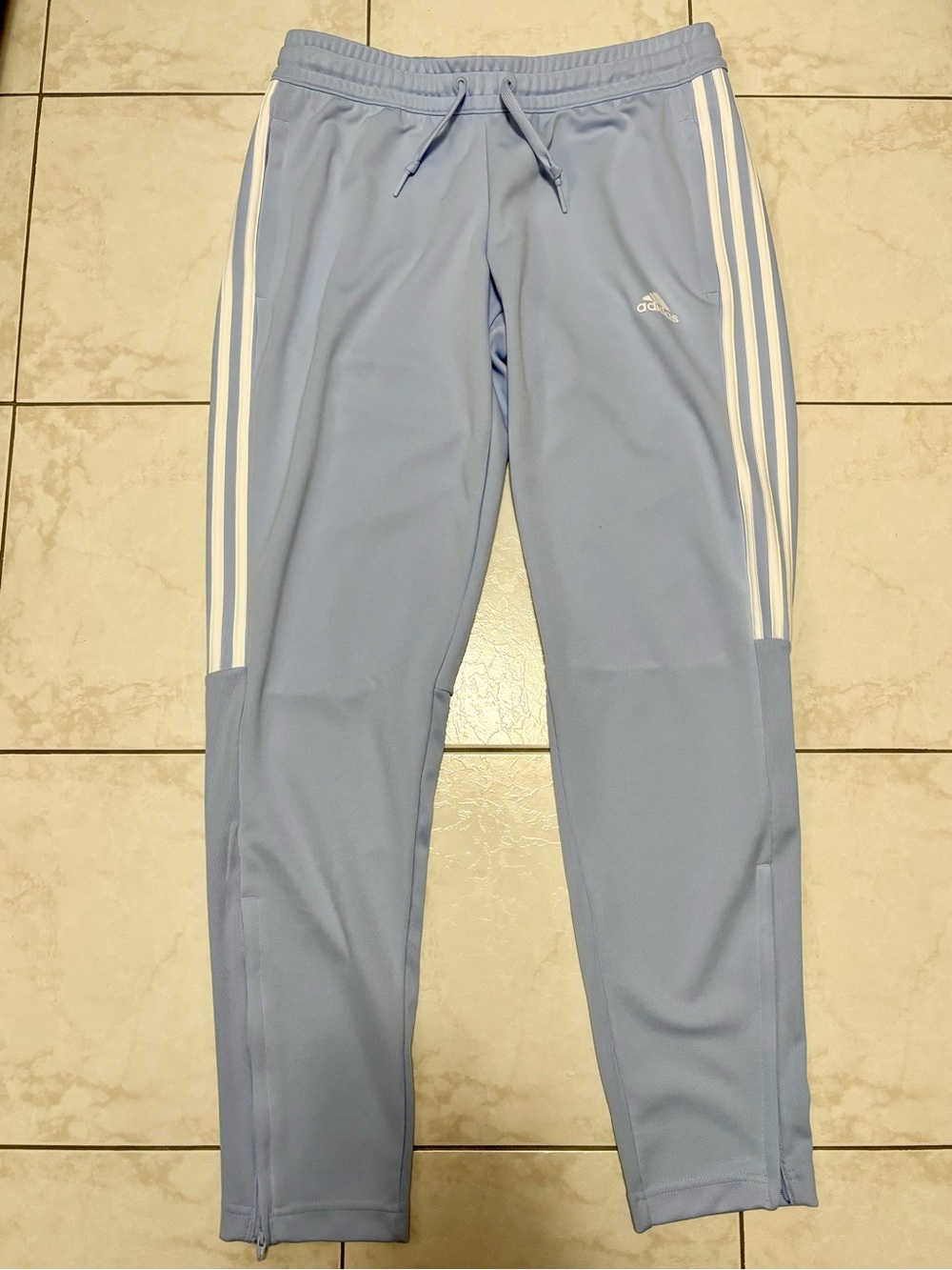 Adidas Women's Lt.l. Blue Track Pants White Stripes and Bottom Zipper Size Med.